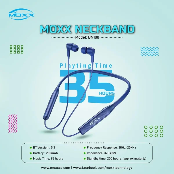 Moxx BN100 Neckband Bluetooth Headset BT5.3 Sports Sweatproof Headset IPX5 with Mic Noise Cancelling, Magnetic Control and Standby 200 Hours
